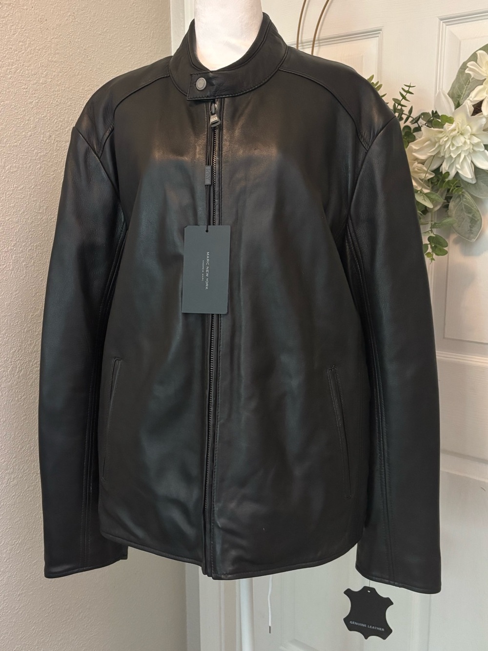 Andrew Marc Black Leather Bomber Jacket